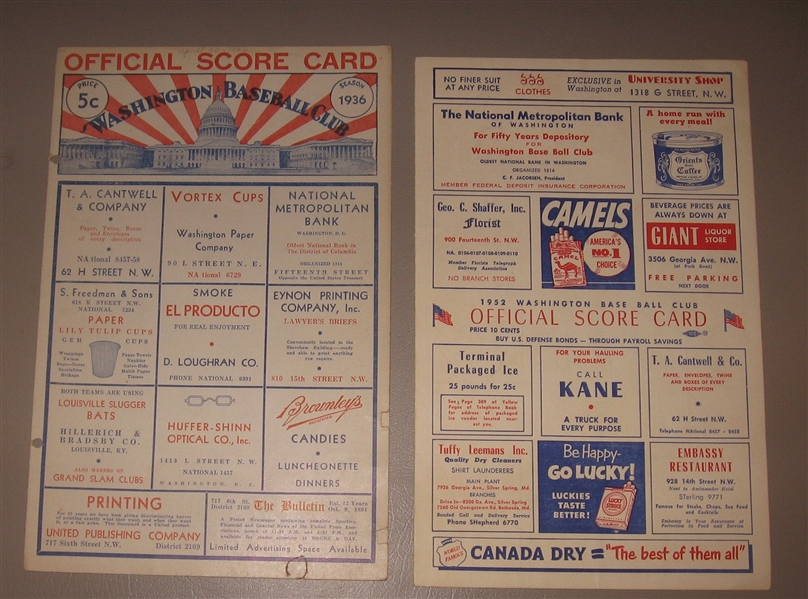 1936-58 Lot of (4) Scorecards W/ 1936 Senators