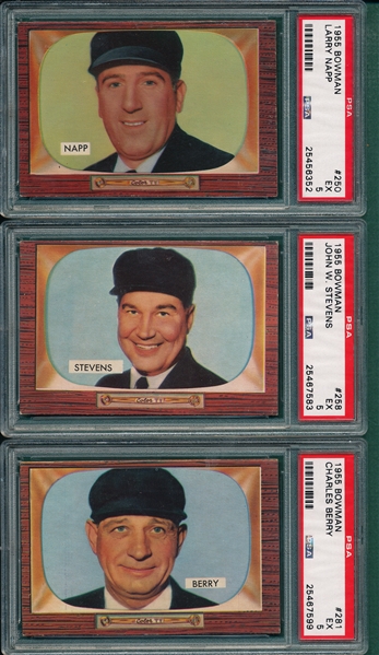 1955 Bowman #250 Napp, #258 Stevens & #281 Berry Lot of (3), Umpires, PSA 5 *Hi #*