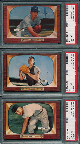 1955 Bowman #67 Larsen, #183 Katt & #187 Htfield, Lot of (3), PSA 6