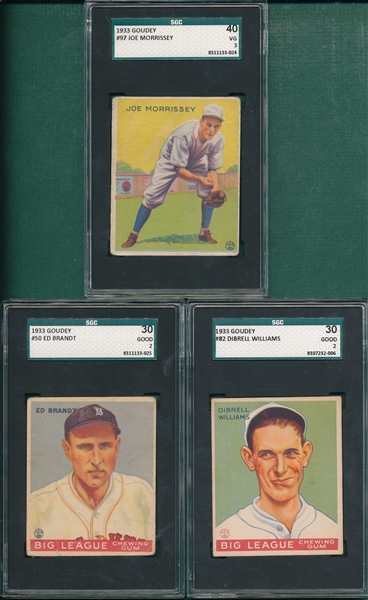 1933 Goudey #50 Brandt, #82 Williams & #97 Morrisey, Lot of (3), SGC