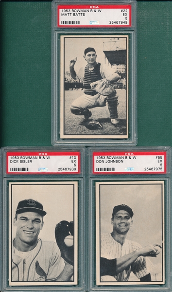1953 Bowman B & W #10 Batts, #22 Batts & #55 Johnson, Lot of (3) PSA 5