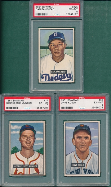 1951 Bowman #11, #90 & #225, Lot of (3), PSA 6