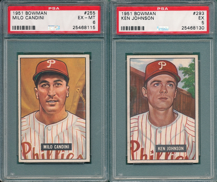 1951 Bowman #255 Candini & #293 Johnson, Lot of (2), PSA 6 *Hi #s*