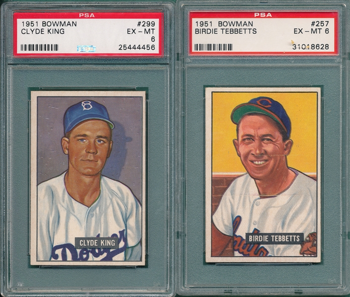 1951 Bowman #257 Tebbetts & #299 King, Lot of (2), PSA 6 *Hi #s*