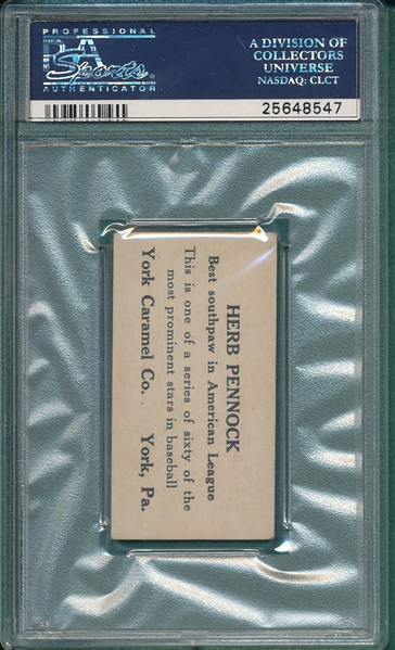 1927 E210-1 #8 Herb Pennock, Team Name on Jersey, York Caramels PSA 5