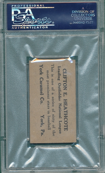 1927 E210-1 #35 Clifton Heathcot, No Team Name on Jersey, York Caramels PSA 4