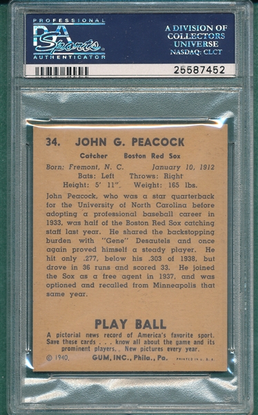 1940 Play Ball #34 John Peacock PSA 8.5