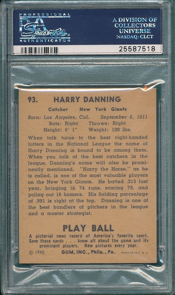 1940 Play Ball #93 Harry Danning PSA 8.5