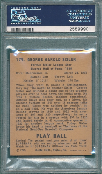 1940 Play Ball #179 George Sisler PSA 8 *None Graded Higher*