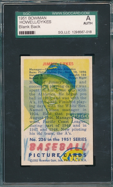 1951 Bowman Howell/Dykes, Blank Back, SGC Authentic