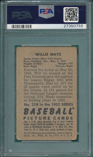 1952 Bowman #218 Willie Mays PSA 2.5 *Hi #*