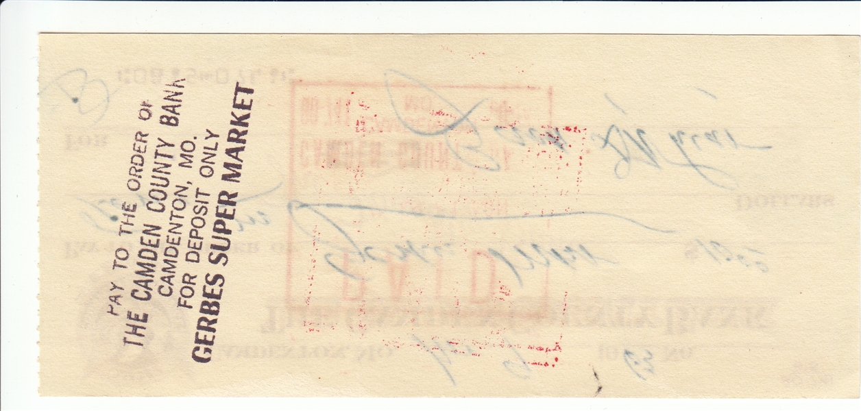 1963 Check Signed by Zach Wheat
