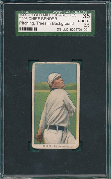 1909-1911 T206 Bender, Pitching, Trees, Old Mill Cigarettes SGC 35