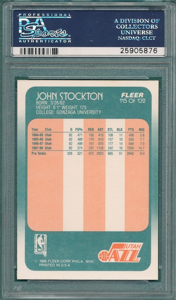 1988 Fleer BSKT #115 John Stockton PSA 10 *GEM MINT* *Rookie*