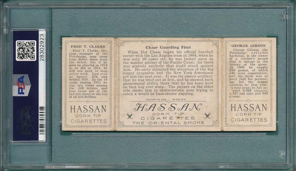 1912 T202 Chase Guarding First, Gibson/Clarke Hassan Cigarettes PSA 2