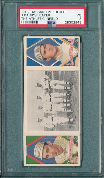 1912 T202 The Athletic Infield Barry/Baker, Hassan Cigarettes PSA 3