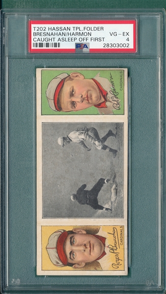 1912 T202 Caught Asleep Off First, Bresnahan/Harmon, Hassan Cigarettes PSA 4