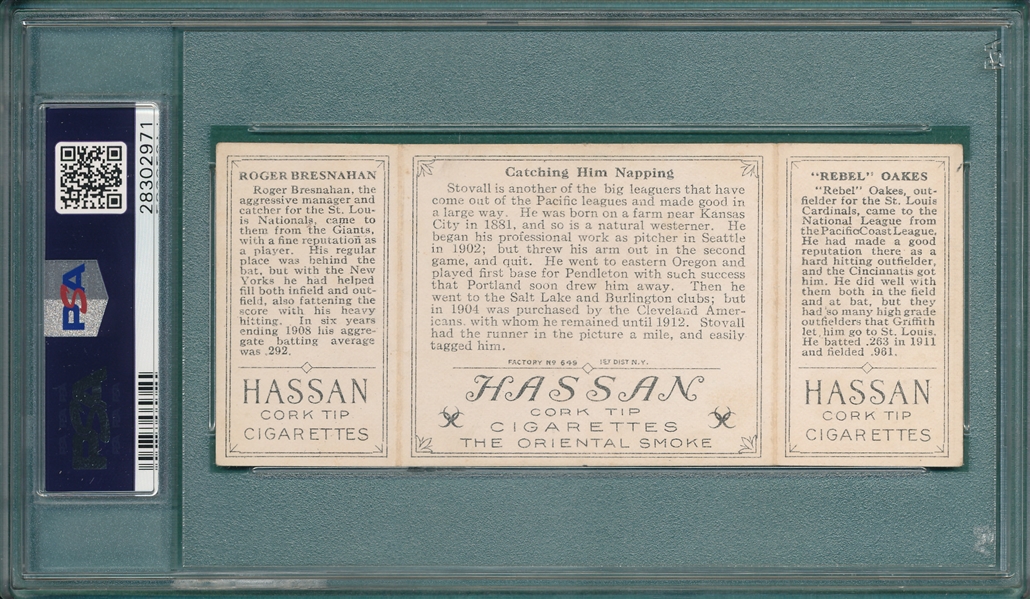 1912 T202 Catching Him Napping, Bresnahan/Oakes, Hassan Cigarettes PSA 4