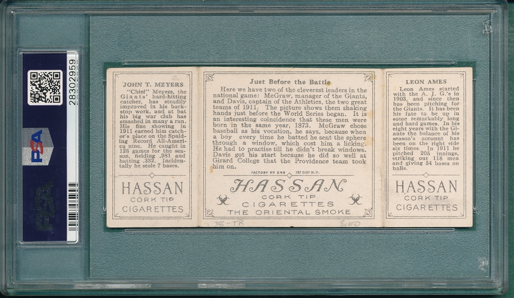 1912 T202 Just Before the Battle, Ames/Meyers, Hassan Cigarettes PSA 4 (MK)