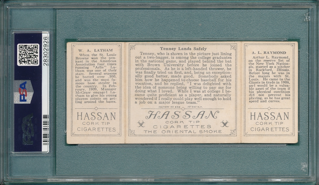 1912 T202 Tenney Lands Safely, Raymond/Latham, Hassan Cigarettes PSA 4