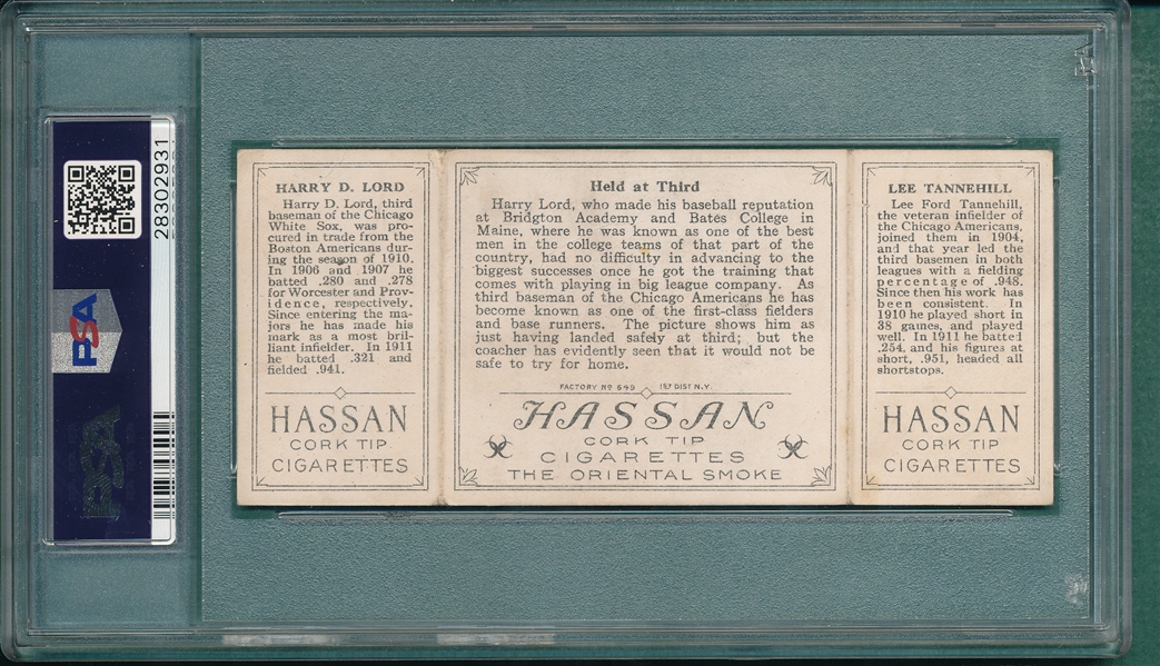 1912 T202 Held At Third, L. Tannehill/H. Lord, Hassan Cigarettes PSA 3