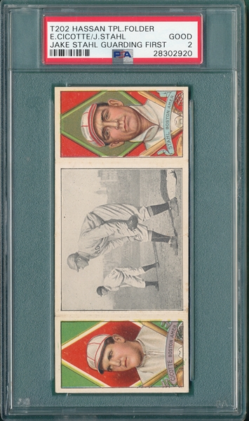 1912 T202 Jake Stahl Guarding First, Cicotte/Stahl, Hassan Cigarettes PSA 2