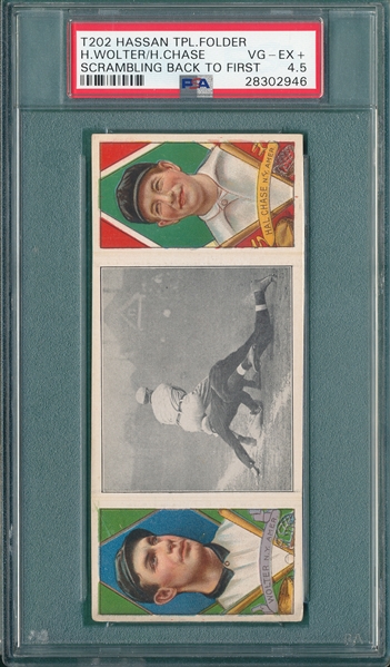 1912 T202 Scrambling Back To First, Wolter/Chase, Hassan Cigarettes PSA 4.5