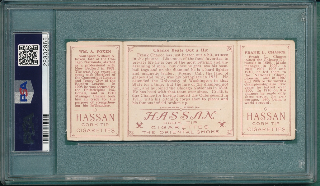 1912 T202 Chance Beats Out A Hit, Chance/Foxen, Hassan Cigarettes PSA 3