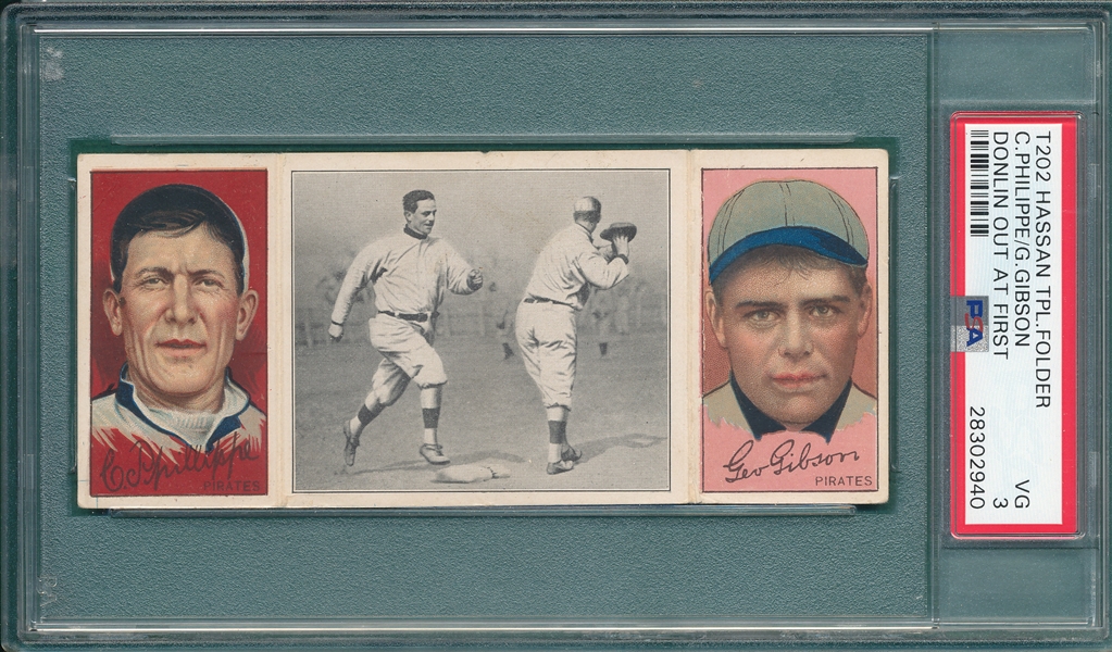 1912 T202 Donlin Out At First, Gibson/Philippe Hassan Cigarettes PSA 3