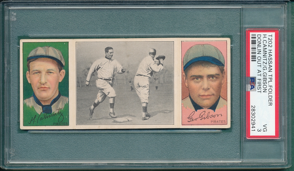 1912 T202 Donlin Out At First, Gibson/Camnitz, Hassan Cigarettes PSA 3