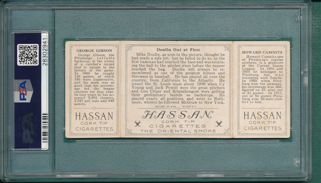 1912 T202 Donlin Out At First, Gibson/Camnitz, Hassan Cigarettes PSA 3