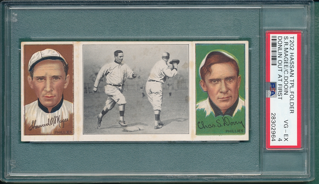 1912 T202 Donlin Out At First, Magee/Dooin, Hassan Cigarettes PSA 4