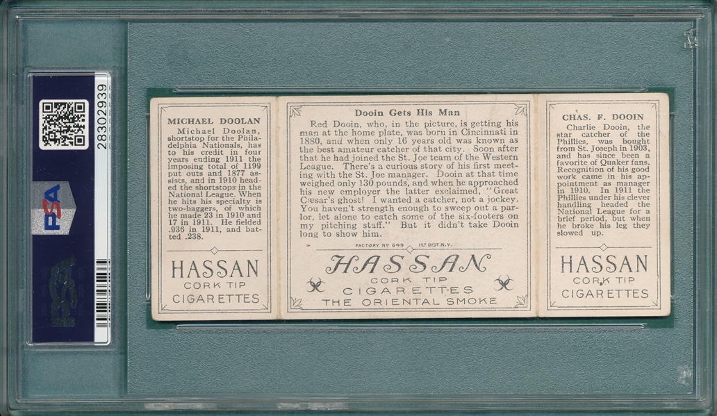1912 T202 Dooin Gets His Man, Doolan/Dooin, Hassan Cigarettes PSA 2