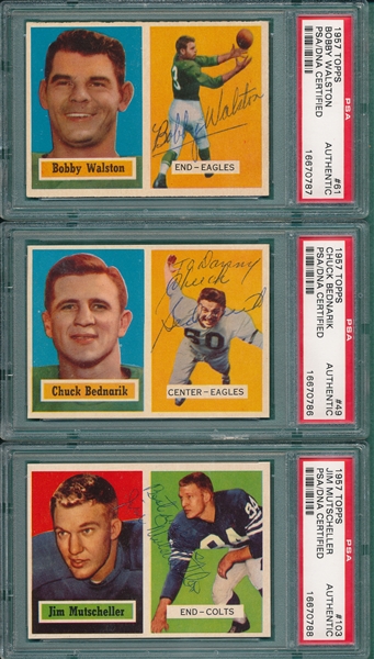 1957 Topps FB #49 Bednarik, #61 #103, Lot of (3) Autographed Cards, PSA Authentic