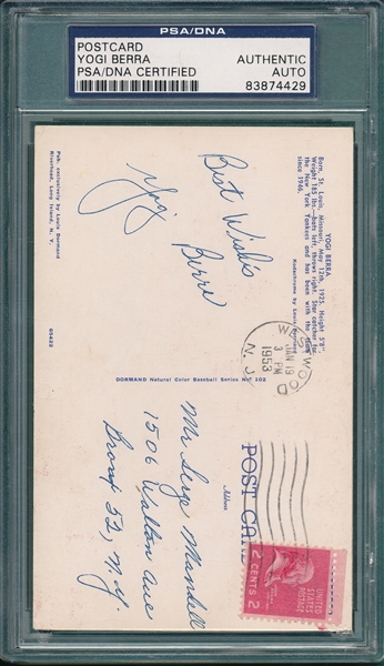 Yogi Berra Dorman Autographed Postcard PSA/DNA Authentic 
