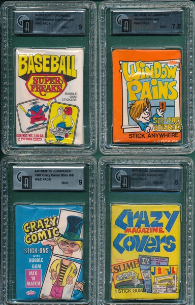 1967-73 Fleer Crazy Magazine Covers, Crazy Comic Stick, Baseball Super Freaks & Window Pains. Unopened Wax Packs Lot of (4) GAI 