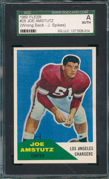 1960 Fleer FB #28 Amstutz With Wrong Back, Spikes SGC Authentic