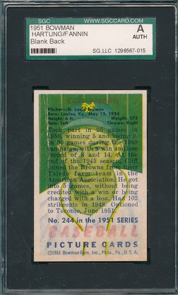 1951 Bowman Hartung/Fannin, Blank Back SGC Authentic