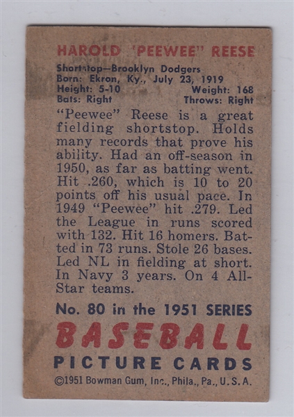 1951 Bowman #80 Pee Wee Reese 