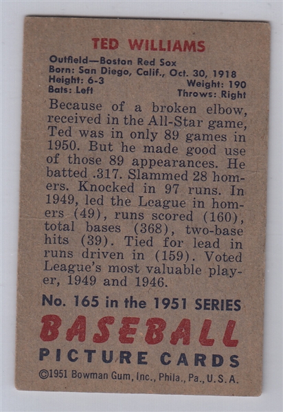 1951 Bowman #165 Ted Williams 