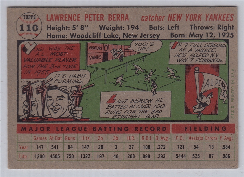 1956 Topps #110 Yogi Berra *Gray Back*