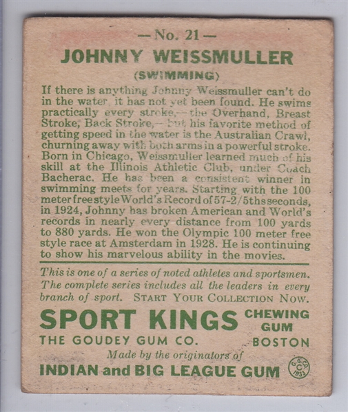 1933 Sport Kings #21 Johnny Weissmuller