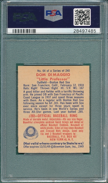 1949 Bowman #64 Dom DiMaggio PSA 6