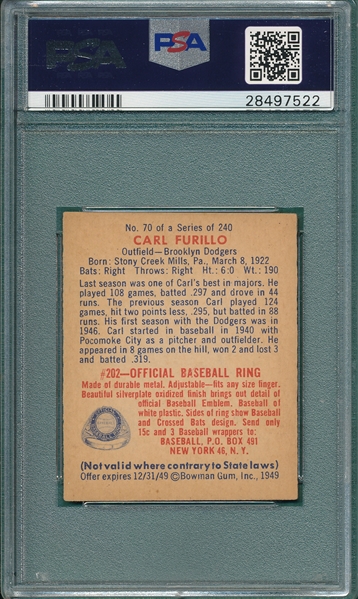 1949 Bowman #70 Carl Furillo PSA 6.5 *Hi #*