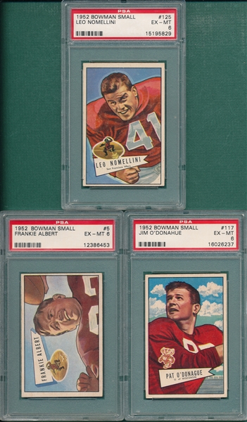 1952 Bowman Small FB #5 Albert, #117 Donahue & #125 Nomellini, Lot of (3) PSA 6