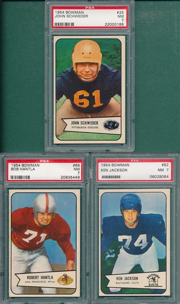 1954 Bowman FB #25 Schweder, #66 Hantla & #82 Jackson, Lot of (3) PSA 7