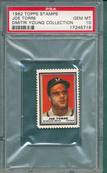 1962 Topps Stamps Joe Torre PSA 10 *GEM MINT* *Rookie* *Dimitri Young Collection*, only one graded PSA 10 GEM MINT
