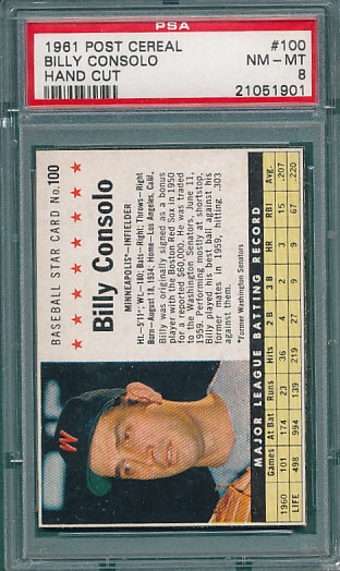 1961 Post Cereal #100 Billy Consolo PSA 8