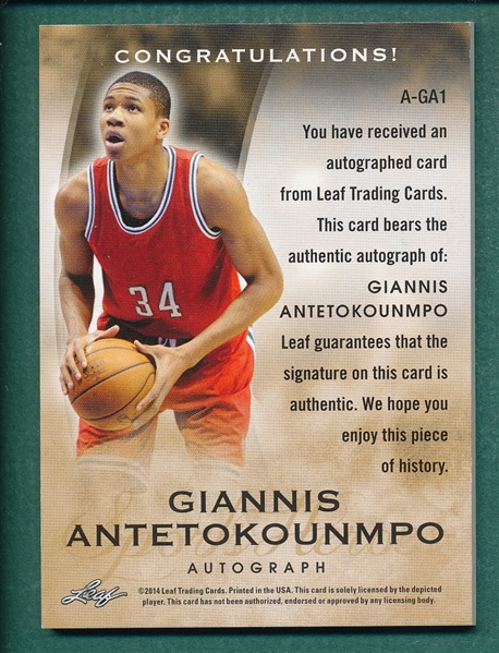 2014 Leaf Giannis Antetokounmpo, Rookie, On Card Autograph