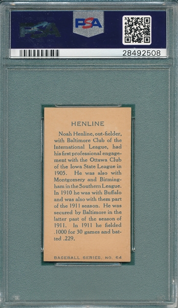 1912 C46 #64 Noah Heline Imperial Tobacco PSA 7